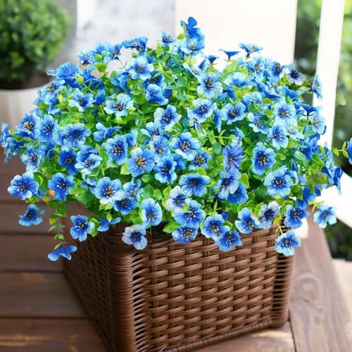 Artificial Outdoor Flowers UV Resistant Fake Plants Greenery 12 Bundles Faux Silk Daisy with Eucalyptus Leaves Summer Outdoor Memorial Day Decor for Porch Patio Yard Garden Farmhouse, Blue - Image 4
