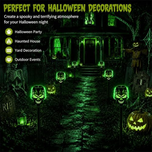 8 Pack Solar Halloween Lights Outdoor, Flickering Flame Skull Torches, Waterproof Purple Solar Lights for Yard, Spooky Skull Pathway Lights for Halloween Outdoor Decorations (Green) - Image 7