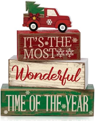 Moucuny 4 Pcs Christmas Red Truck Centerpiece Wooden Block Signs Tabletop by Moucuny
