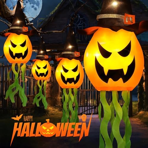 Cuorung Halloween Decorations Outdoor Decor Hanging Lighted Glowing Pumpkin Witch Hat with 3 Modes Lighted Up Scary Orange Halloween Decorations for Indoor Outside Party Yard Tree Garden (4Pcs) - Image 7