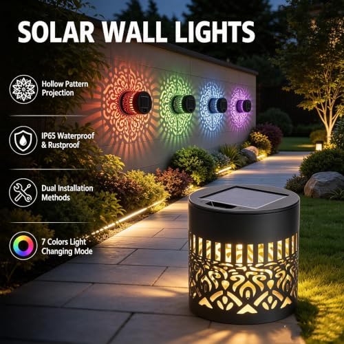 Solar Mandala Outdoor Wall Lights, 4 Pack 7 Color Changing Metal Fence Lanterns, Waterproof Solar Powered Deck Step Stair Lights for Garden Patio Yard Landscape Decor - Image 2