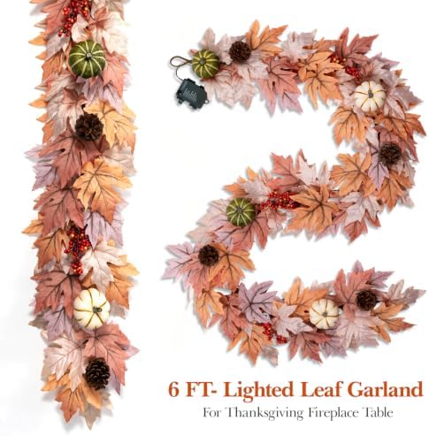 6 FT Fall Garland with 30 Lights & 8 Modes Timer, Pre-lit Lifelike Lighted Fall Maple Leaves Garland with Pumpkin Berries PineCones, Battery Operated Autumn Garland Decor for Mantle Table Thanksgiving - Image 6