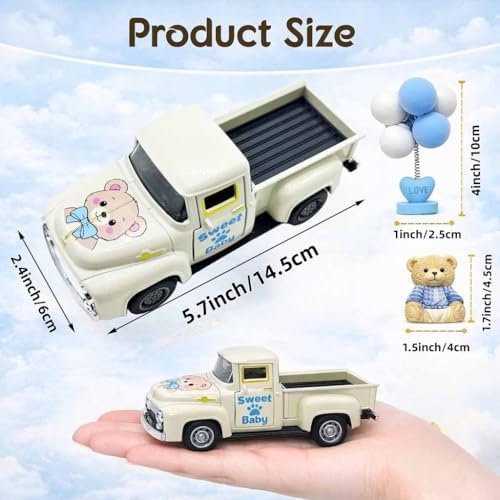 Baby Shower Decorations for Boy, 5.7 Inch Mini Vintage Metal Pickup Truck with Blue Bear and Balloons, Welcome Baby Centerpiece, Nursery Tiered Tray Decor, Gender Reveal Decor, Newborn Gift for Boy - Image 3