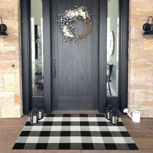 CAINANEL Buffalo Plaid Outdoor Rug Front Door Mat 27.5'' x 43'' Black and White Front Porch Rug Welcome Doormats for Farmhouse Entrance Porch Outdoors Decor by CAINANEL