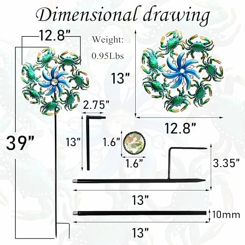 39" Crab Wind Spinners Stake, Outdoor Wind Sculptures Decorations for Patio,Lawn & Garden - Image 3