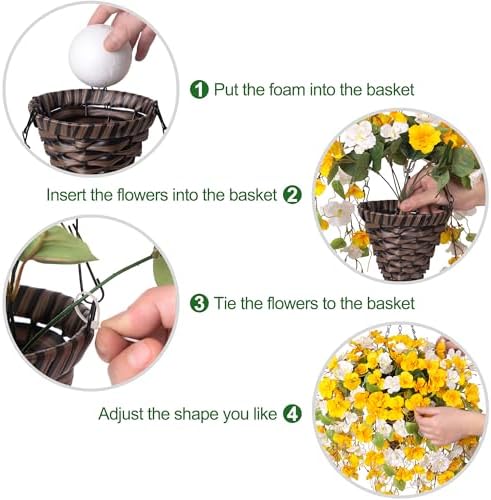 HyeFlora Artificial Hanging Flower Baskets for Spring Decoration, Outdoor Fake Plant Faux Silk Hibiscus Long Vines in Planter UV Resistant Realistic Flowers for Outside Porch Patio Home Decor, Yellow - Image 6