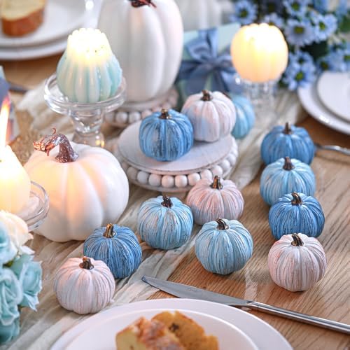 Geelin 12 Pcs Blue Rustic Fall Pumpkin Decor Resin Pumpkins for Thanksgiving Decorations Farmhouse Decorative Pumpkins 2.36" for Fall Home Decor Autumn Tabletop Centerpiece Harvest Wedding(Resin) - Image 2