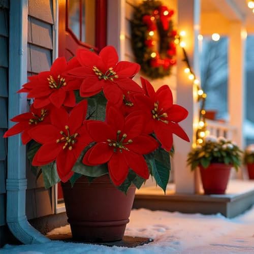 Daifunli 6 Pcs Christmas Poinsettias Artificial Flower for Outdoor Outside by Huiinen