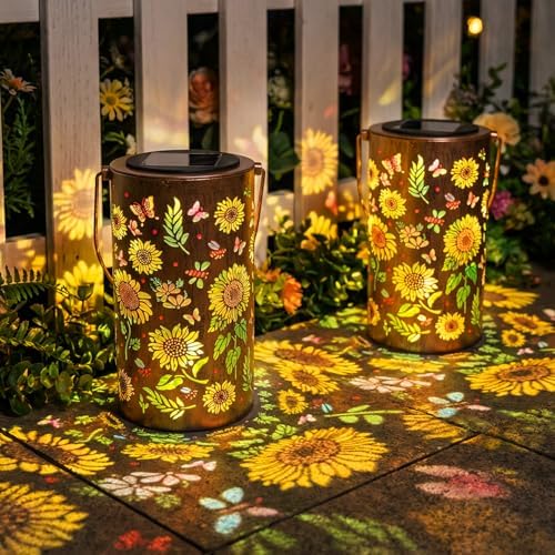 2Pack Colorful Solar Lanterns Outdoor Waterproof, Garden Decor Gifts for Women Mom Grandma - LED Colorful Sunflower Solar Powered Lights Metal Hanging Lantern for Outside Garden Patio Yard Lawn Porch - Image 2