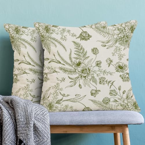 CXMEIFLY Sage Green Floral Leaves Chinoiserie Decorative Throw Pillow Covers Set of 2, 18x18 Inch, Perfect for Living Room, Bedroom, Outdoor Gardens - Image 2
