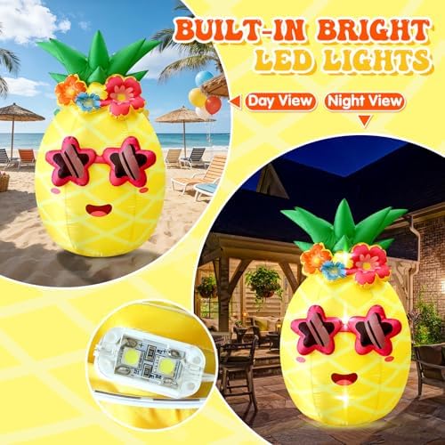 5FT Summer Inflatable Pineapple Outdoor Decor, Blow Up Pineapple Built-in LED Lights, Giant Inflatable Decorations for Tropical Pool Beach Party Photo Backdrop Yard Lawn Hawaiian Luau Party Supplies - Image 3