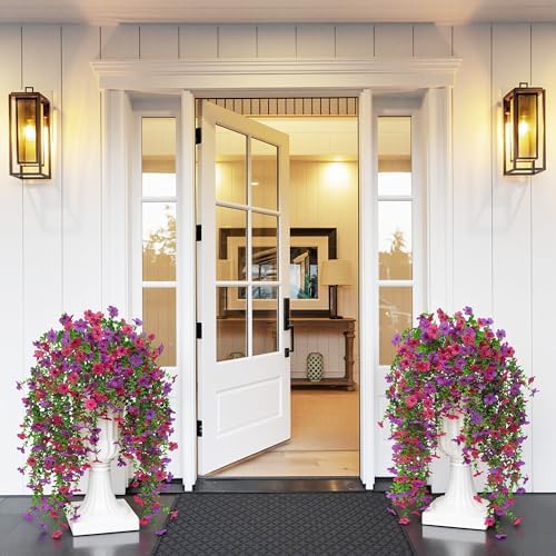 Artificial Fake Hanging Flowers Plant for Outdoors Spring Summer Home Decor Faux Silk Daisy with Eucalyptus 4 Pcs Realistic UV Resistant Indoor Outside Garden Porch Patio Balcony Yard(Purple Fuchsia) - Image 2