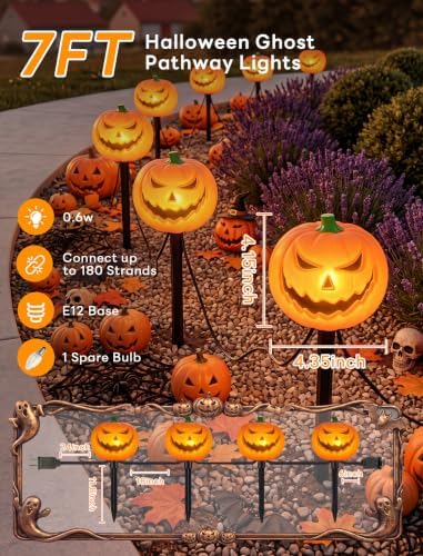 Halloween Pumpkin Pathway Lights, 7 FT 4 Pack Plug In LED Stake Lights - Image 2