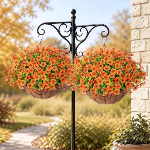 HyeFlora Artificial Fake Fall Hanging Plants Flowers Basket for Outdoor Decor, Faux Silk Orange Mums Daisy in Planter Look Real UV Resistant for Autumn Porch Home Patio Garden Yard Decoration - Image 6