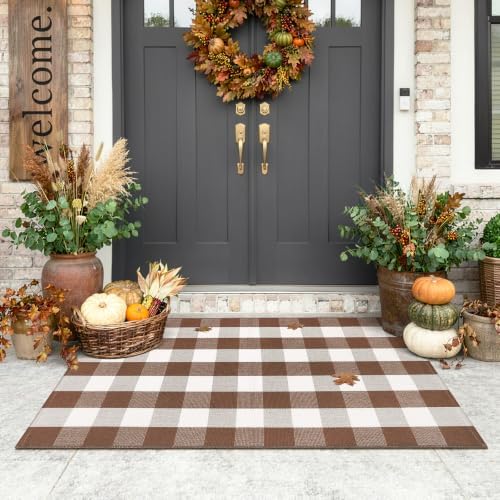 Uphome Bufflo Plaid Outdoor Rug 3'x5', Fall Decor Checkered Front Door Mat, Indoor Outdoor Farmhouse Cotton Porch Rug for Layered Door Mats, Washable Brown Area Rugs for Patio Entryway Kitchen by Uphome