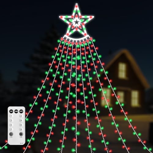 350 LED Christmas Decorations Star String Lights Waterproof Waterfall StarLights 8 Light Modes Remote & Timer,Waterproof Seasonal Lighting Decor for Home Xmas Tree Yard Wedding Party (Red&Green) by VTZNOJ