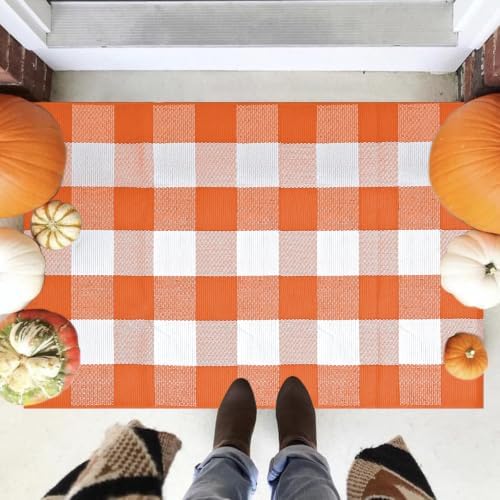 Buffalo Plaid Rug 28 x 43 Inches Fall Outdoor Front Door Decor Mat, Cotton Washable Hand-Woven Rug for Layered Doormat, Autumn Halloween Thanksgiving Carpet for Porch (Orange and White Plaid) - Image 6