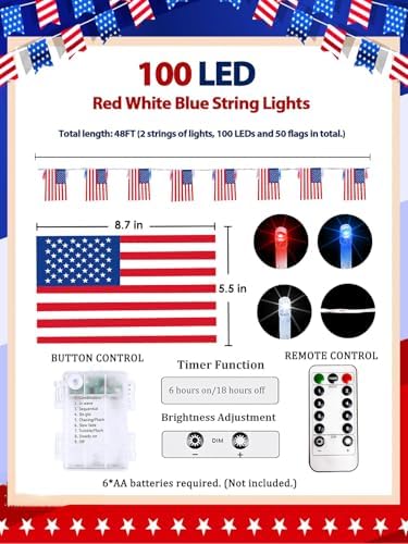 4th of July Lights 2PK Red White and Blue Battery String Lights with Flags - Image 6