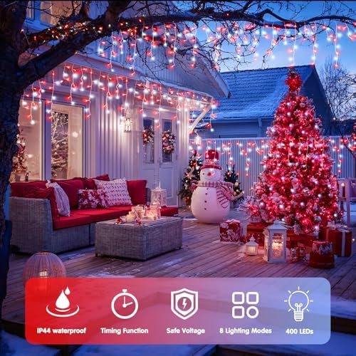 JMEXSUSS 400 LED 38.8 Ft Red and White Icicle Christmas Lights for Outside - Image 2