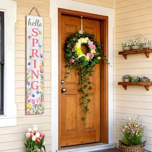 Hello Spring Porch Sign, Flower Butterfly Sign for Front Porch, Pink Tulip Wooden Sign Yard, Vertical Wood Sign Standing for Patio Front Door Porch, Farmhouse Holiday Home Party Entryway Yard Wall Decor Indoor Outdoor, 47x8 inch - Image 6