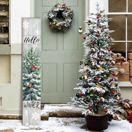 Welcome Standing for Front Porch, Hello Winter Sign for Xmas Door Decorations, Rustic Farmhouse Red Hanging Wall Sign for Christmas and Happy New Year Decor - Image 2