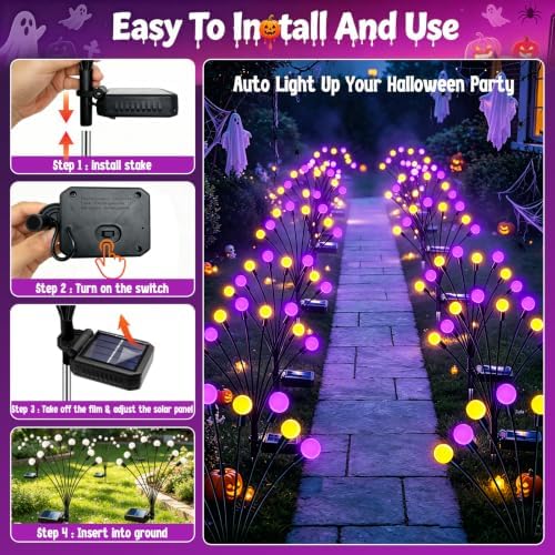 Kohlrabi Halloween Decorations Outdoor, 4 Pack 32 LED Purple and Orange Solar Firefly Lights Waterproof, Sway by Wind, Solar Wind Swaying Light for Garden Yard Patio Pathway Decoration - Image 5