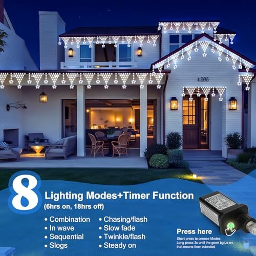 (New) Outdoor Christmas Lights, 13.8ft 218 LED Outdoor String Lights, Icicle Christmas Decoration Lights for Eaves, Indoor, Garden, Patio, Wedding, Xmas Decoration - White - Image 2