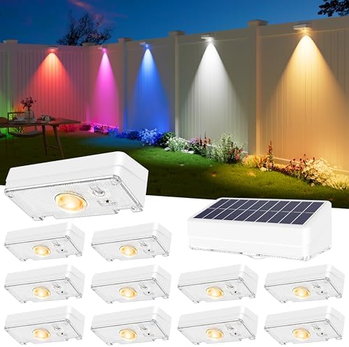 JOFIOS Solar Fence Lights Outdoor, 12 Pack, 50LM Ultra Bright, 10 Colors & 12 Lighting Modes Solar Deck Lights, IP65 Waterproof, Dusk-to-Dawn Solar Powered Fence Light for Patio, Railing (White) by JOFIOS