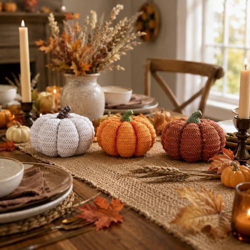 MEETYAMOR Fall Pumpkin Decor, 3 PCS Resin Pumpkins Figurines for Fall Decor, Rustic Knit Textured Pumpkins Fall Decorations for Home, Shelf, Table Centerpieces, Autumn, Thanksgiving Decor - Image 5