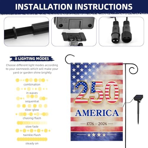 12 x 18 Inch 4th of July Garden Flag, Lighted 250th Anniversary Patriotic Yard Flag with Solar LED Lights, Double Sided Red White Blue Outdoor Decorations for Lawn Porch Garden - Image 3