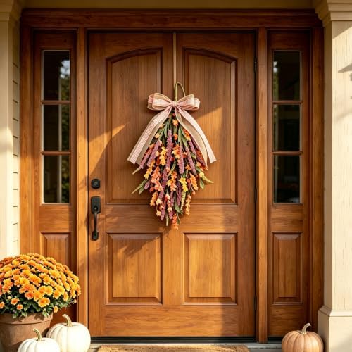 Set of 2 PCS Fall Swags with Artificial Flowers Berries for Front Door, Autumn Fall Teardrop for Indoor Outdoor, Harvest Thanksgiving Teardrops for Mailbox - Image 3