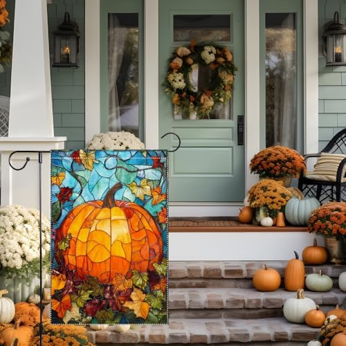 Fall Garden Flag For Outdoor Decor Thanksgiving Garden Flags Autumn Stained Glass Pumpkin Maple Leaf Double Sided Small Burlap Outside Porch Lawn Yard Flags Decorations 12.5x18 Inch - Image 4
