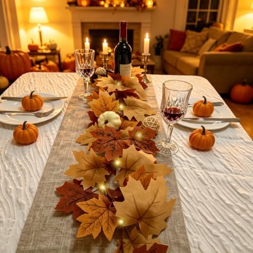 4 Pack Fall Garland with Lights-Total 24Ft Autumn Leaves Garland for Mantle Fireplace-Brown Fall Decor for Front Door with Pumpkins Indoor Maple for Stairs Porch Thanksgiving Decorations - Image 4