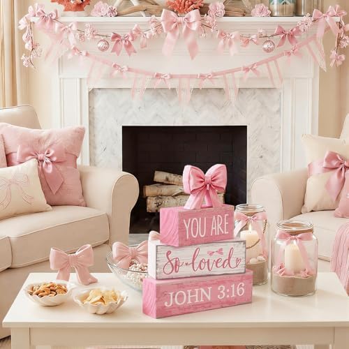 Lineshading 4 Pcs Pink Bow Decor Christian Table Decor Wooden Block Signs - Image 6