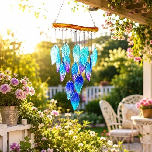 YU FENG 12.5 Inch Handmade Stained Glass Leaf Wind Chimes Window Decor by YUFENG