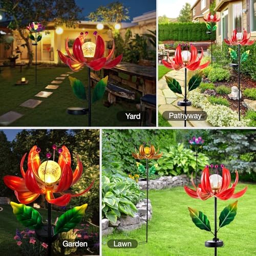 Solar Lights Outdoor Wind Spinners, Metal Lotus Flower Garden Decor with Waterproof LED Crackle Glass Globe for Patio Lawn Yard Outdoor Decor - Image 2