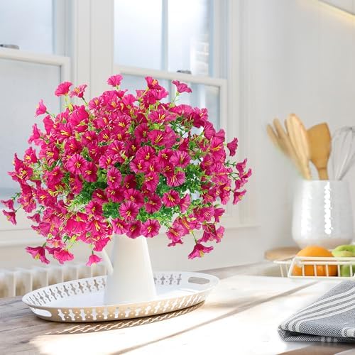 Artificial Flowers for Outdoors 12 Bundles Realistic Faux Plants UV Resistant Fake Silk Morning Glory with Eucalyptus for Front Door Planter Patio Porch Outside Spring Summer Decoration (Magenta) - Image 5
