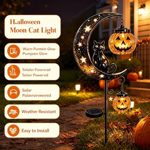 Solar Halloween Black Cat Garden Stake Light – Metal Crescent Moon & Pumpkin Lantern Yard Decor, Auto On/Off Waterproof LED Landscape Lighting for Patio Lawn Pathway (E) - Image 5