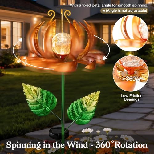 Solar Yard Lights Wind Spinners- Metal Lotus Flower Garden Decor LED Crackle Glass Globe Yard Art Sculpture Solar Stake Lights for Patio Pathway Lawn Walkway (Yellow-Large) - Image 4