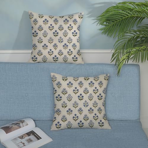 Blue Green Pillow Covers 20x20 Inch 2 Pcs Block Print Vintage Floral Decor Throw Pillows Boho Flower Spring Summer Outdoor Seasonal Decoration Pillowcase Linen Cushion Cover for Couch Sofa - Image 3