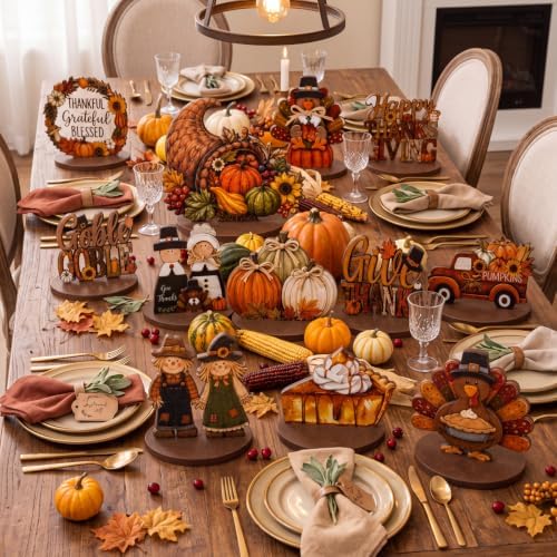 12 Pcs Fall Thanksgiving Table Decor Turkey Scarecrow Wooden Centerpiece - Image 3