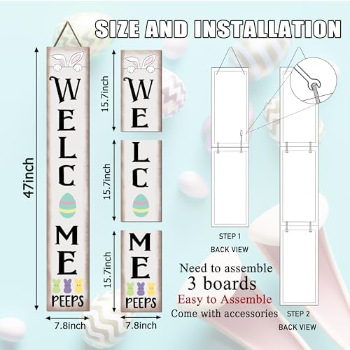 Easter Porch Sign Rabbit Front Door Hanging Decorations Wooden Vertical Indoor Outdoor Standing Welcome Signs For Home Yard Farmhouse Holiday Decor 47 x 7.8 inch - Image 2