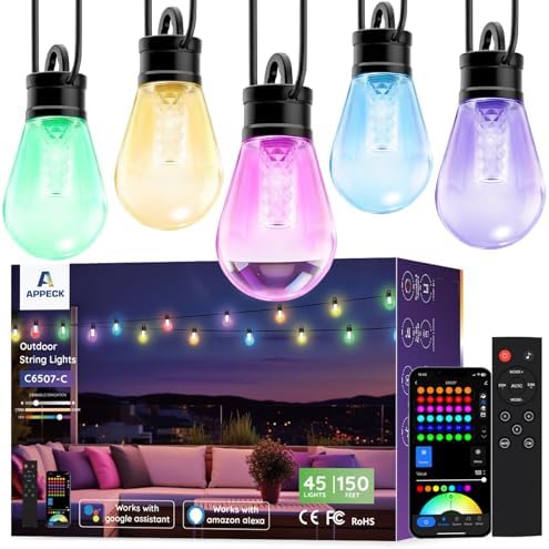 APPECK RGBW Outdoor String Lights 150ft, Smart Patio Light with 45 LED Bulb by APPECK