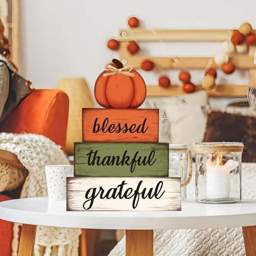 4 Pcs Fall Wooden Table Sign Fall Wooden Tiered Tray Decor Thankful Blessed Grateful Tabletop Signs Farmhouse Pumpkin Wood Blocks for Autumn Thanksgiving Harvest Home Kitchen Table Shelf Decor - Image 4