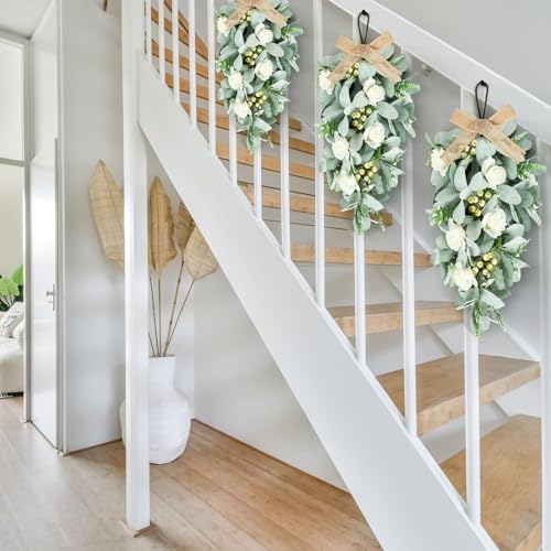 2 Pcs 24" Artificial White Rose Teardrop Wreaths Swag Spring Summer Flower Berries Swags Wreath White Floral Hanging Wreaths for Kitchen Cabinet Doors Window Wall Wedding Party Home Decor - Image 6