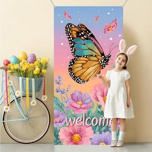 NYZE Butterfly Welcome Spring Door Covers For Front Door 35.4 x 70.8 Inch Door Banner Spring Porch Backdrop Sign Outdoor Indoor Spring Decorations - Image 4