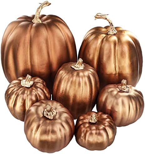 Winlyn 7 Pcs Assorted Sizes Artificial Metallic Bronze Pumpkins Rustic Decorative Fall Foam Pumpkins for Gifts Thanksgiving Halloween Harvest Fall Wedding Table Centerpiece Mantel Shelf Decor by Winlyn