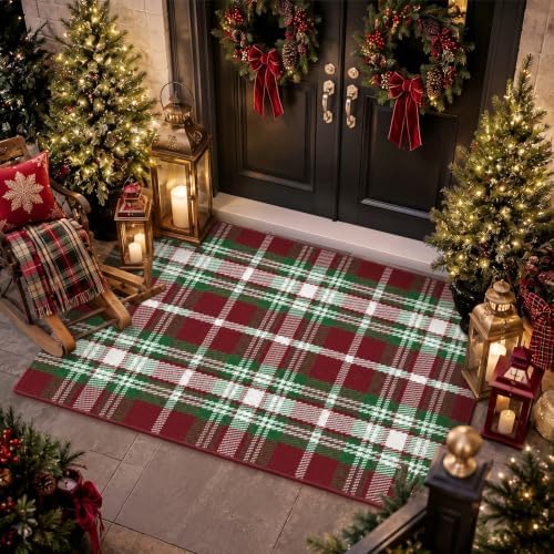 Moucuny Christmas Red Green White Brown Plaid Outdoor Rug 3' X 5' Doormat - Image 2