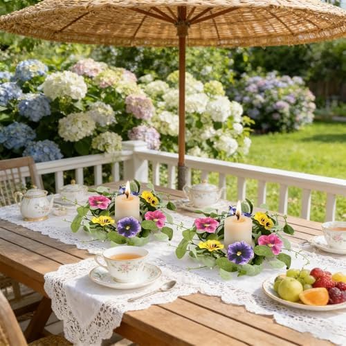 6 PCS Summer Floral Wreaths for Kitchen Cabinet Artificial Pansy Flowers Wreaths with Fern Branches Flocked Lamb Ear Leaves Mini Wreath Spring Floral Small Wreath for Table Centerpiece Farmhouse Decor - Image 5