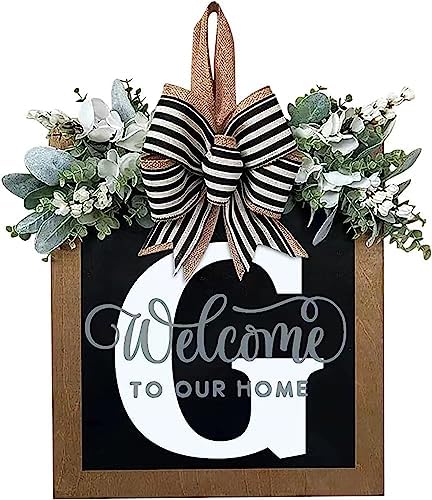 Last Name All Year Round Front Door Wreath with 26 Initial Letter Welcome Sign All Seasons Eucalyptus Garland and Bow ，Farmhouse, Porch, for Spring Summer Fall All Seasons Holiday Halloween Christmas.（G） by YICORIP